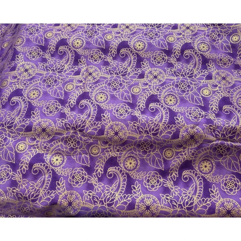 Purple & Gold Metallic Pattern Floral Medallion Cotton Quilting Fabric 3.4 Yd